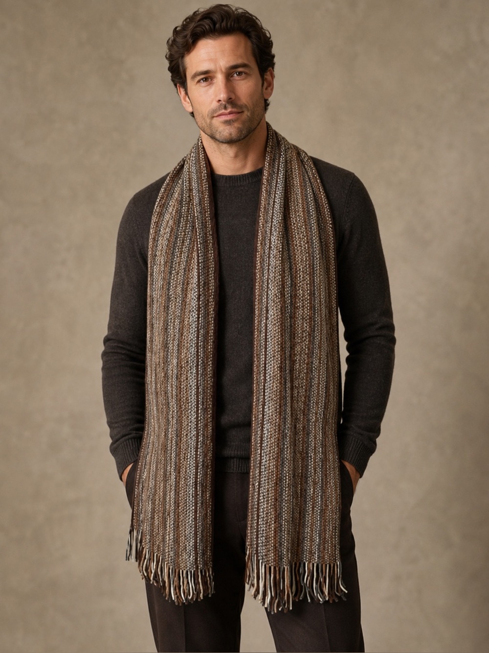 Men’s Brown Multi-Tone Knit Fringe Scarf | Soft Woven Winter Accessory